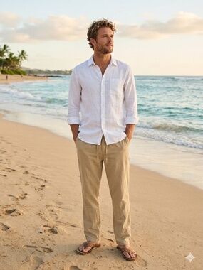 ✨ Sail Wind Khaki Linen Blend Coastal Drawstring Pants 34x30 ✨